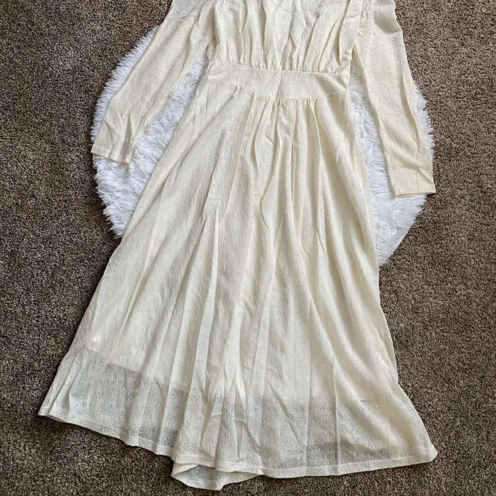 JNSQ Dress Cream Long Sleeve Wool Blend Maxi Cottage‎ Core Farmhouse Prairie 6